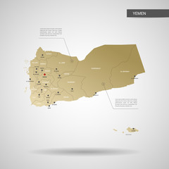 Stylized vector Yemen map.  Infographic 3d gold map illustration with cities, borders, capital, administrative divisions and pointer marks, shadow; gradient background. 