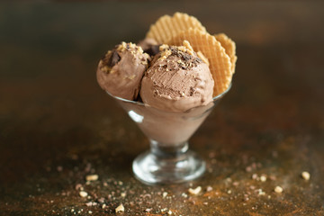 chocolate ice cream with waffle