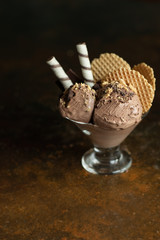 chocolate ice cream with waffle
