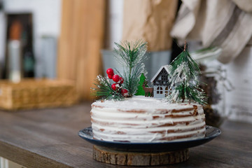 rustic Christmas cake on wooden table