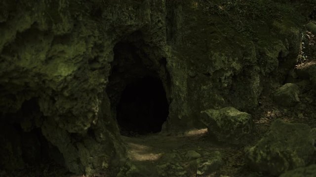 Tracking in on a black hole at the entrance of a cave, in the wild green forest during summer day in Spain. 4K UHD.