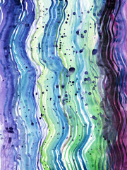  Watercolor background with vertical wavy lines. Abstract artwork with blue, green, purple stripes and splashes. Bright background with multi-colored spots of paint. Hand-drawn grunge background.