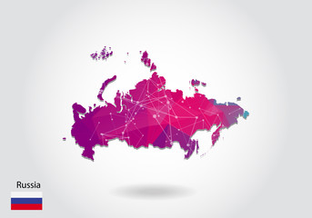 Obraz premium Mapa Rosji wielokątne wektor. Konstrukcja Low poly. mapa wykonana z trójkątów na białym tle. geometryczna pognieciona trójkątna grafika gradientowa w stylu low poly, kropki linii, projekt interfejsu użytkownika.