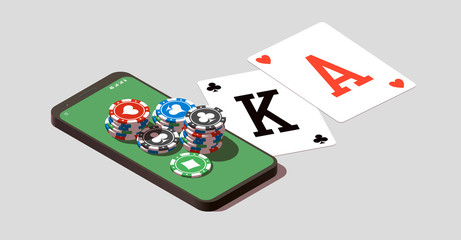 isometric illustration Blackjack in Online casino mobile phone app. Banner with Twenty-One and roulette Banner Online Casino isometric mobile phone app roulette and Blackjack Twenty-One Jackpot poster