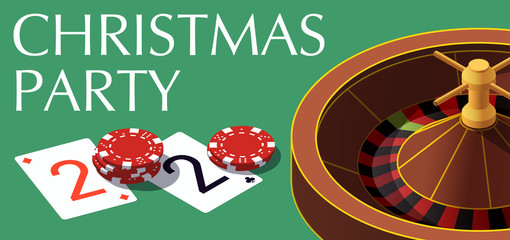 Happy New Year party 2020 casino poker chips and playing cards isometric banner. Greeting card isometry playing cards & chips flyer. 2020 Happy New year banner. Casino isometric Merry Christmas party