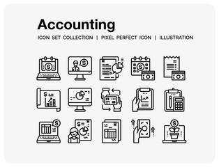 Accounting Icons Set. UI Pixel Perfect Well-crafted Vector Thin Line Icons. The illustrations are a vector.