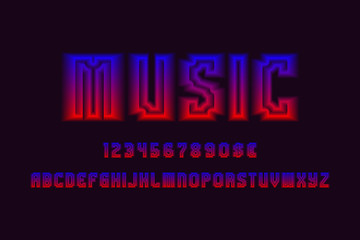 Music alphabet with numbers and currency signs. Glowing gradient font.