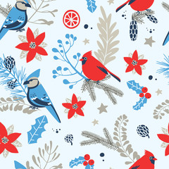 Seamless pattern with Christmas decorative elements - plants, branches, birds. Traditional symbols