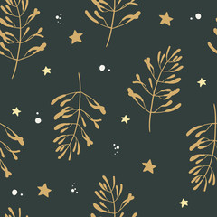 Materiał do szycia Seamless pattern with Christmas decorative elements - golden mistletoe branch. Minimalistic Scandinavian design