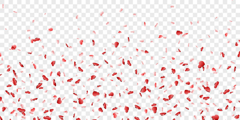 Heart falling confetti isolated white transparent background. Red fall hearts. Valentine day decoration. Love element design, hearts-shape confetti wedding card, romantic holiday. Vector illustration
