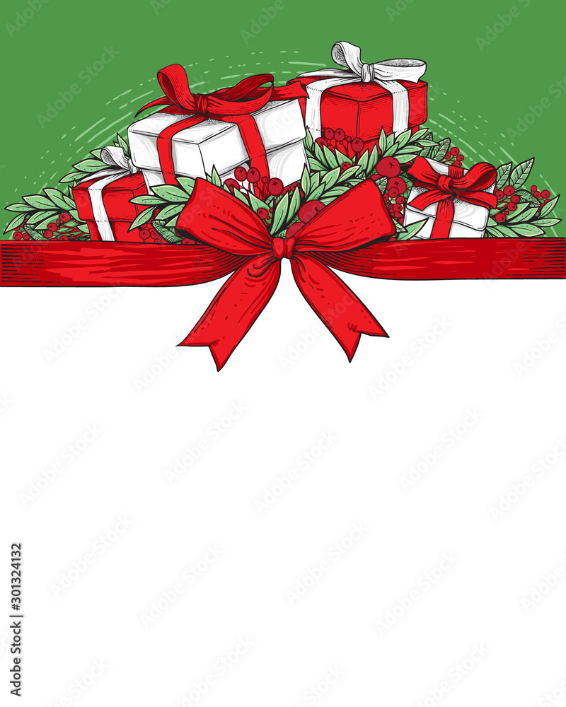 Wall mural Christmas background template design for greeting card with red ribbon and gift box