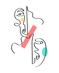 Set of abstract face one line drawing. Portrait minimalistic style. Fine one line drawing abstract face. One line drawing abstract faces. Modern continuous line art