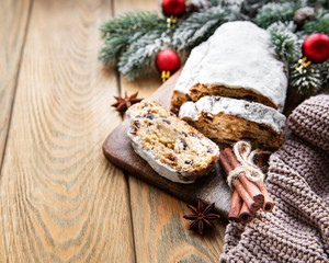 Christmas stollen on wooden background
