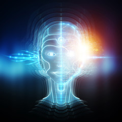 Robot cyborg head artificial intelligence learning 3D rendering