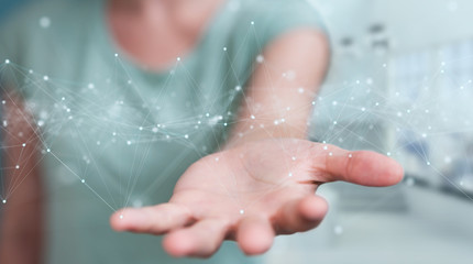 Woman using floating digital network connections with dots and lines 3D rendering