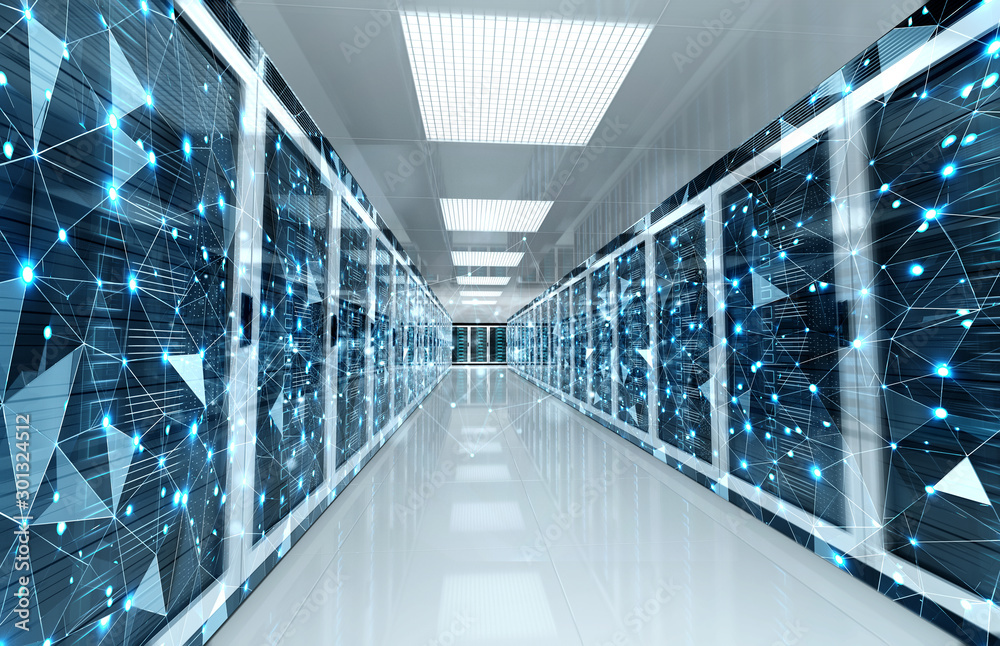 Poster connection network in servers data center room storage systems 3d rendering