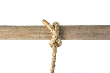 Half Hitch in Sisal rope, nautical knot on wooden spar.