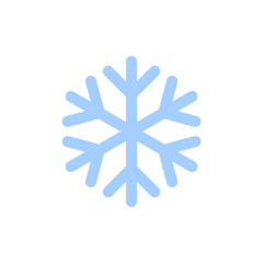 Snowflake icon. Blue silhouette snow flake sign, isolated on white background. Flat design. Symbol of winter, frozen, Christmas, New Year holiday. Graphic element decoration. Vector illustration