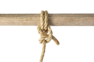 Fishermans Bend rope hitch around a wooden spar, natural Sisal rope.
