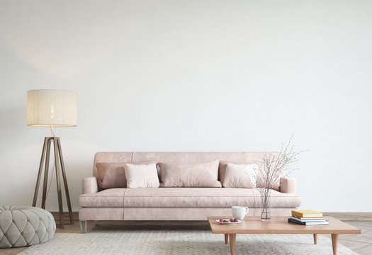 mock up modern interior sofa in living room, empty wall, 3D render