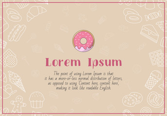 Candy card with text and vector outline illustrations of sweet food for graphic design