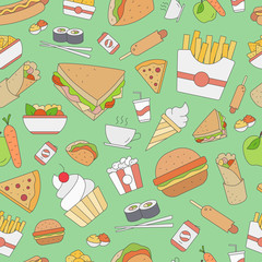Fast Foodbackground - Vector color seamless pattern of sandwich, burger, hot dog, meat and desserts for graphic design