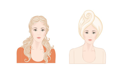 Set of two portraits of beautiful woman 30-39 or 40-49 with a towel on her head with hairstyle and makeup. Before and after. Hand drawn vector line art illustration.