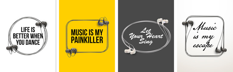 Innovative music quotation template speech bubble set in headphones quotes isolated on backdrop. Creative banner illustration set with quote frame wire with quotes headset modern design cloud remark