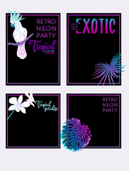 Set of text boxes for bullet journal or notes with tropical plans, flowers and birds. Stickers, elements for design. In neon, fluorescent colors. Vector illustration..