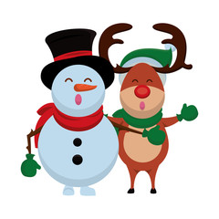 happy merry christmas reindeer and snowman