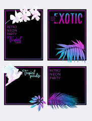 Set of text boxes for bullet journal or notes with tropical plans, flowers and birds. Stickers, elements for design. In neon, fluorescent colors. Vector illustration..