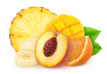 Composition with sliced tropical fruits isolated on a white background with clipping path.