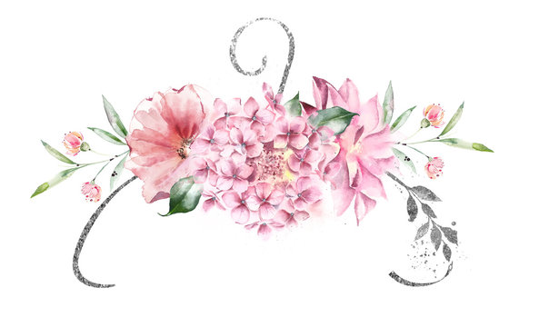 Elegant composition of watercolor flowers and a clothes hanger silver. Logo design.