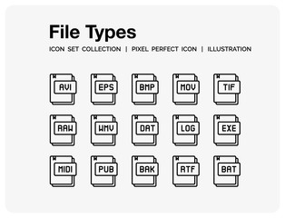 Files Types Icons Set. UI Pixel Perfect Well-crafted Vector Thin Line Icons. The illustrations are a vector.