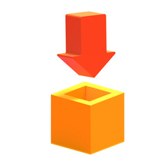 Red Download Arrrow Pointing at a Yellow Box on Isolated White Background. 3D REnder 