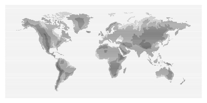world map flat design lines with Oceans. Planet Earth background screen relievo geographic map banner. All continents of the stroke global world in one linear relief black and white picture.