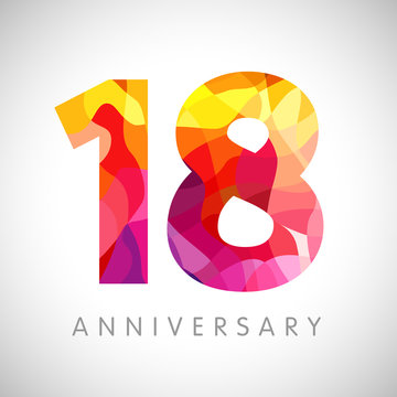 18 th anniversary numbers. 18 years old yellow coloured logotype. Age congrats, congratulation idea. Isolated abstract graphic design template. Creative 1, 8 3D digits. Up to 18% percent off discount.