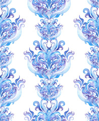 Seamless winter pattern. Watercolor ornate design with scrolls, curves