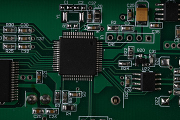 Circuit board with electronic components close up