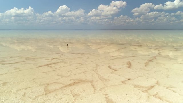 From great height boundless salt mineral lake Elton transparent brine water reflection cumulus clouds cracks pattern beautiful natural landscape Russia. Man walks on new planet conqueror loneliness