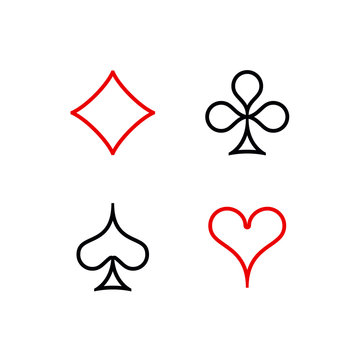 Set diamonds clovers hearts spades Four Playing card suits icons template black and red color editable. High quality outline Playing card suit symbol mobile app pictogram isolated on white background