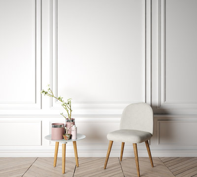 mock up modern interior with white chair in living room, Scandinavian style with empty wall, 3D render, 3D illustration