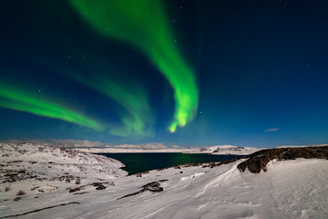 Fototapeta na wymiar Northern Lights on the shore of the Arctic Ocean.