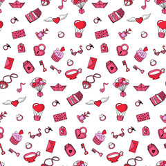 Valentine's day seamless pattern with pink elements in doodle style. Cute hand drawn texture for greeting cards, fabric, wrapping paper. Vector illustration