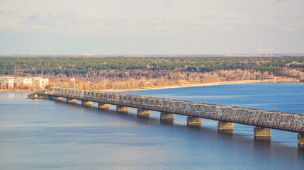 Fototapeta na wymiar The imperial bridge over Volga River in city of Ulyanovsk