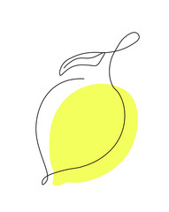 Lemon continuous line drawing. One single line organic healthy fruit concept with yellow color. Minimalism modern style for logo, icon, card or poster and print graphics design