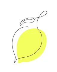 Foto op Plexiglas Een lijn Citroen doorlopende lijntekening. Eén lijn biologisch gezond fruitconcept met gele kleur. Minimalistische moderne stijl voor logo, pictogram, kaart of poster en grafisch ontwerp voor afdrukken