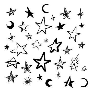 Set doodle stars. Collection of black hand drawn stars and crescent. Vector illustration, isolated on white.