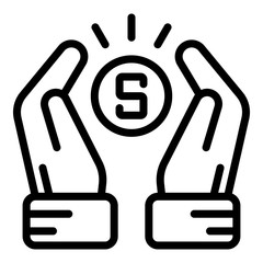 Coin between two palms icon. Outline coin between two palms vector icon for web design isolated on white background