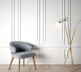 mock up modern interior, blue gray chair in living room, empty wall, 3D render, 3D illustration
